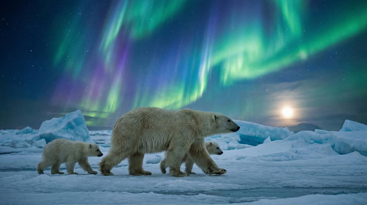 高清3D动漫北极熊视频 - 极光下的母子视频